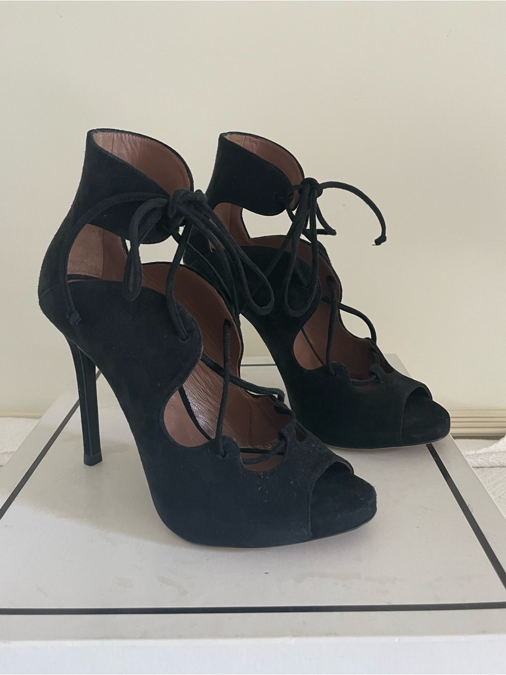 Tabitha Simmons Black Suede Lace-Up Peep Toe Bootie Heels